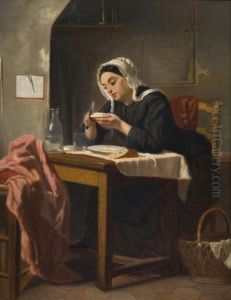 Jeune Femme Prenant Son Petit Dejeuner by Octave Tassaert