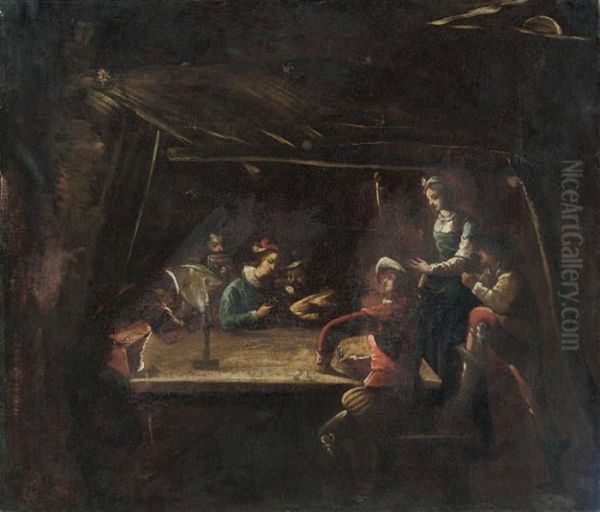 Figures Playing Cards By Candle Light In An Interior - view 1