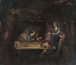Figures Playing Cards By Candle Light In An Interior by Jean Tassel