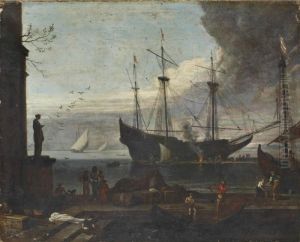Bateau Dans Un Port Anime Au Crepuscule by Agostino Tassi