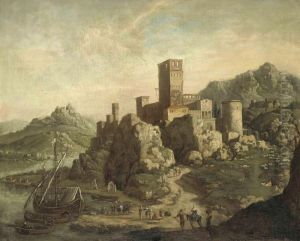 An Italianate Coastal Inlet With A Fortified Hilltop Town by Agostino Tassi
