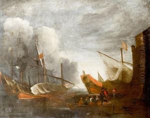 Mediterranean Port With Elegant Figures Approaching A Quay