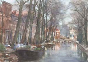 A barge with flowers moored at the Smitswater, The Hague by Floris Arntzenius