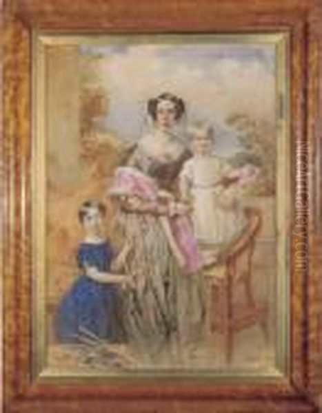 A Group Portrait Of A Mother With Her Two Children Standingthree-quarter Length On A Terrace. - view 1