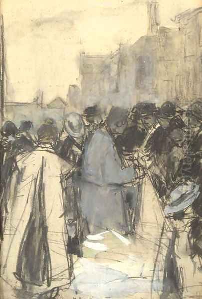 Figures conversing on a market - view 1