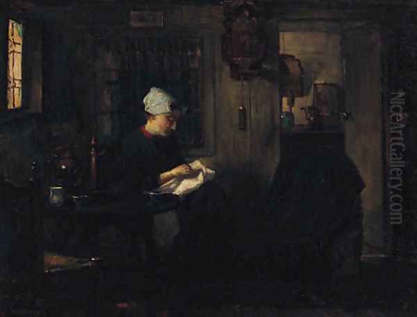 A Woman Seated Sewing In An Interior - view 1