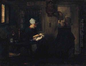 A Woman Seated Sewing In An Interior