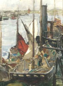 Sailing boats in a harbour by Floris Arntzenius