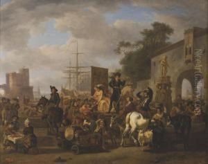 Scene De Marche Devant Un Port by Nicolas Antoine Taunay