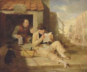 The cobblers Portrait of a man, small full-length, reclining reading a newspaper by a cobblers