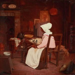 Interior With A Farmer's Wife At The Spinning Wheel by Henri Taurel