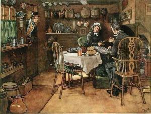 Sam Weller looks on his stepmother and Mr Stiggins (scene from 'Pickwick Papers') by Cecil Charles Aldin