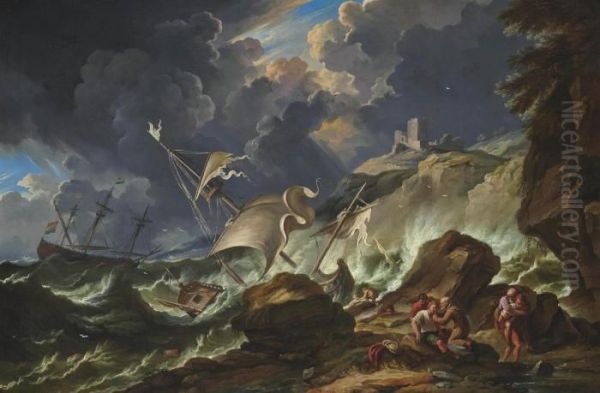 A Stormy Seascape With Dutch Shipping Being Wrecked Off The Coast - view 1
