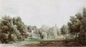 A Road Surrounded By Woodland In An Italianate Landscape by William Taverner
