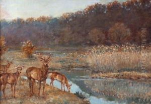 Cerfs Etbiches Au Bord D'un Etang, Fontainebleau by Paul Tavernier