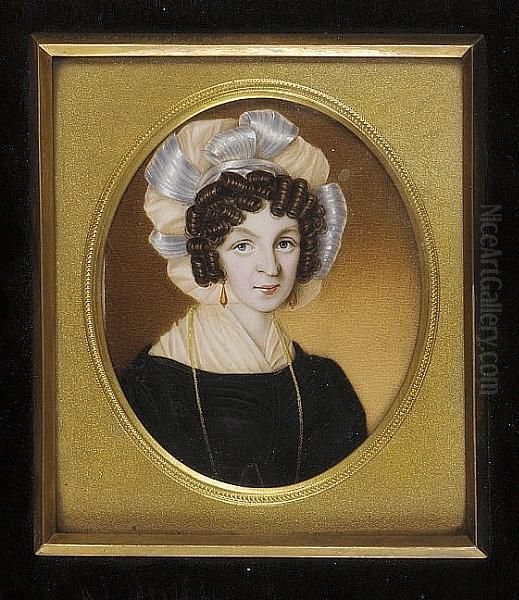 A Lady Wearing Black Dress With White Fichu, Cream And White Silk Turban, Gold Necklace And Eardrops - view 1