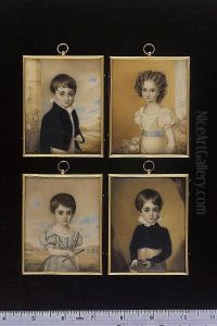 A Set Of Four Portraits Of Children; Two Boys Wearing Dark Blue Velvet Jackets, One Holds A Riding Crop In A Landscape Setting, The Other A Book; A Young Girl Wearing White Dress With Pale Blue Waistband, A Basket Of Flowers In Her Right Hand; And A Y by Charles Foot Tayler