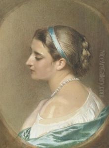 Portrait Of A Girl, In Profile To The Left, Her Hand Clasping Apearl Necklace by Edward Tayler