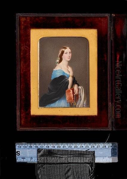 Sophia Margaret Hoster, Half-length, Wearing Blue Dress With Frilled White Underslip, Black Shawl, Gold Bracelets And Pink Roses In Her Hair, She Rests Against The Back Of An Upholstered Chair Draped With Embroidered Shawl, Her Right Hand Raised, Holding - view 1