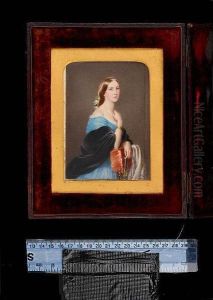 Sophia Margaret Hoster, Half-length, Wearing Blue Dress With Frilled White Underslip, Black Shawl, Gold Bracelets And Pink Roses In Her Hair, She Rests Against The Back Of An Upholstered Chair Draped With Embroidered Shawl, Her Right Hand Raised, Holding by Edward Tayler