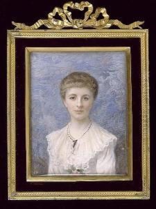 A Lady, Wearing White Dress With Lace Collar Threaded With Black Ribbon, A Pink Flower At Her Bodice. by Edward Tayler