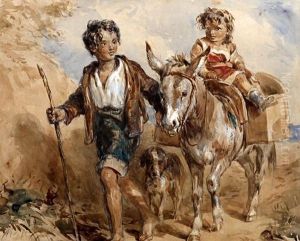 Children With Donkey And A Dog On A Pathway by John Frederick Tayler