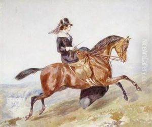 A Lady Riding Side Saddle, A Country House Beyond by John Frederick Tayler