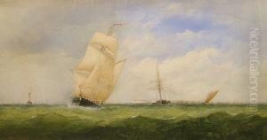 The Goodwin Lightship Astern Of A Brigantine by Charles Taylor