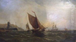 Busy Coastal Scene With Fishing Boats Off A Pier