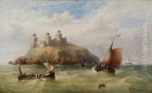 Marina In Burrasca Con Barche Di Pescatori E Isola Con Castello Sullo Sfondo