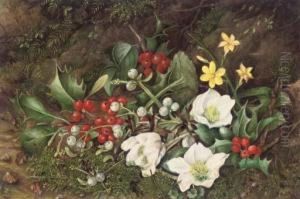 Holly, Mistletoe, Christmas Roses And Narcissi On A Mossy Bank