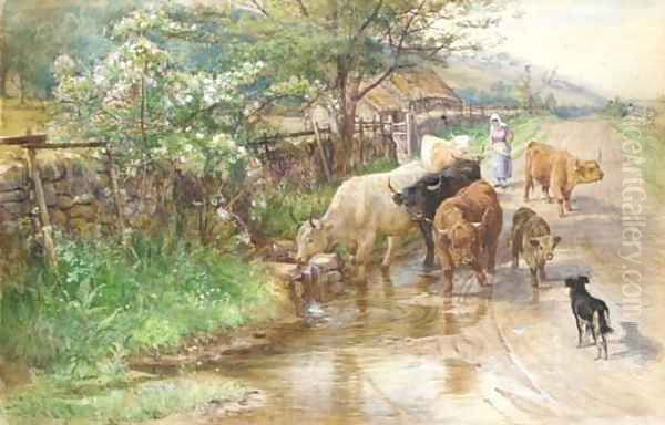 A herder and cattle in a springtime Highland landscape - view 1