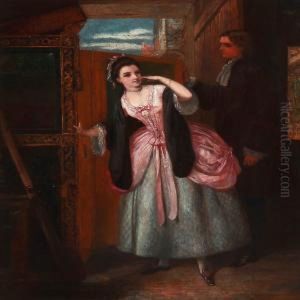 An Interior With A Young Flirting Couple by Newton C. Taylor