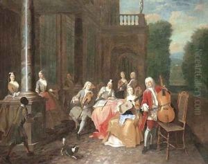 A musical party on a terrace by Joseph van Aken