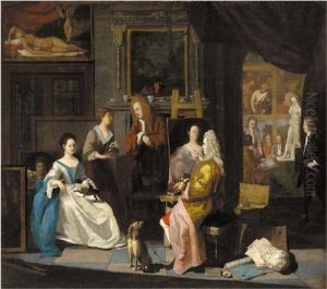 The interior of an artist's studio, with a lady having her portrait painted by Joseph van Aken
