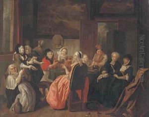 A merry company drinking and smoking in an interior by Joseph van Aken