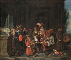 A theatre company in a portico, a landscape beyond by Joseph van Aken