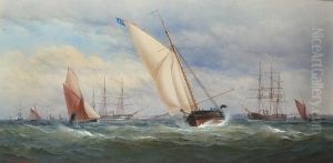 A Large Racing Cutter Preparing To Round The Mark, An Ironclad Battleship Astern Of Her And A Screw-powered Two-decker Nearby A Large Racing Cutter Preparing To Round The Mark, An Ironclad Battleship Astern Of Her And A Screw-powered Two-decker Nearby