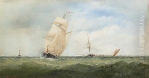 The Goodwin Lightship Astern Of A Brigantine With Other Vessels Inshore by Charles, Taylor Snr.