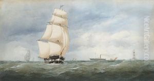 Passing The Eddystone Lighthouse Under Full Sail by Charles, Taylor Snr.