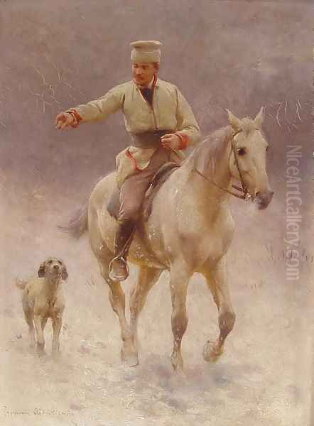 Rider on Horseback with a Dog in Winter - view 1
