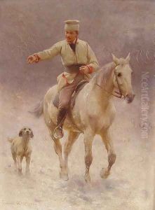 Rider on Horseback with a Dog in Winter Rider on Horseback with a Dog in Winter