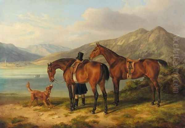 Rider and Two Bays by a Lake (Reiter und zwei Pferde am See 1834) - view 1
