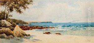 Costal View With Ship On The Horizon by Henri Tebbitt