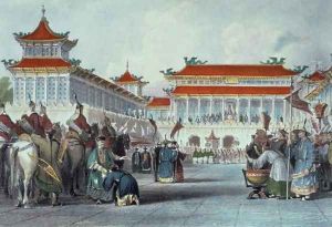 The Emperor Teaon-Kwang Reviewing his Guards, Palace of Peking, from 'China in a Series of Views' by Thomas Allom