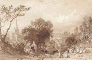 A busy Darlington road with St. Cuthbert's Church in the distance by Thomas Allom