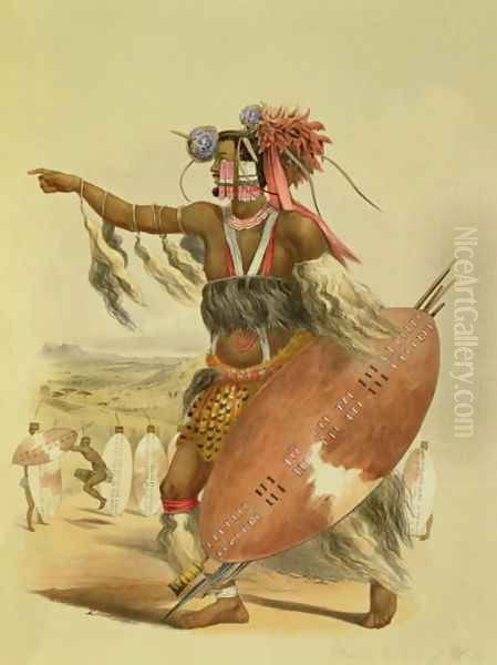 Zulu warrior, Utimuni, nephew of Chaka the late Zulu king, plate 13 from 'The Kafirs Illustrated', 1849 - view 1