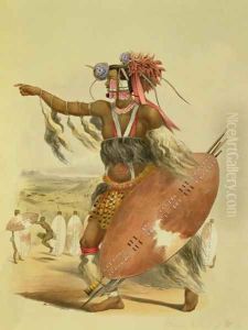 Zulu warrior, Utimuni, nephew of Chaka the late Zulu king, plate 13 from 'The Kafirs Illustrated', 1849 by George French Angas