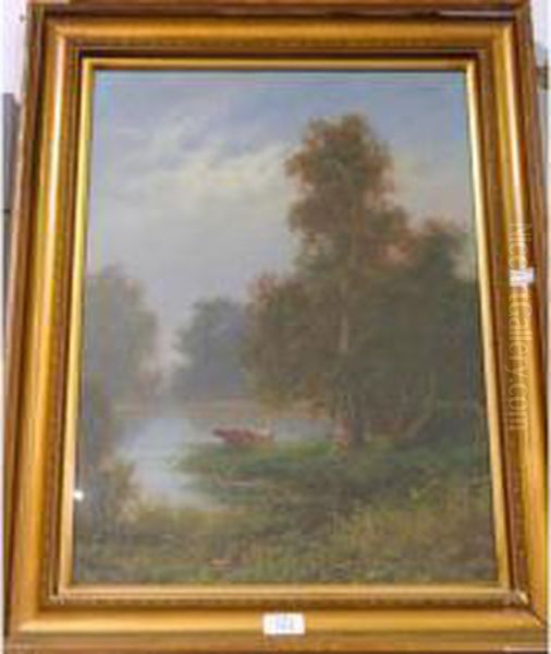 Cattle Watering By A Lake Amongst Trees - view 1