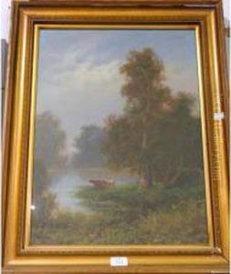 Cattle Watering By A Lake Amongst Trees by Lewis Woods Teel